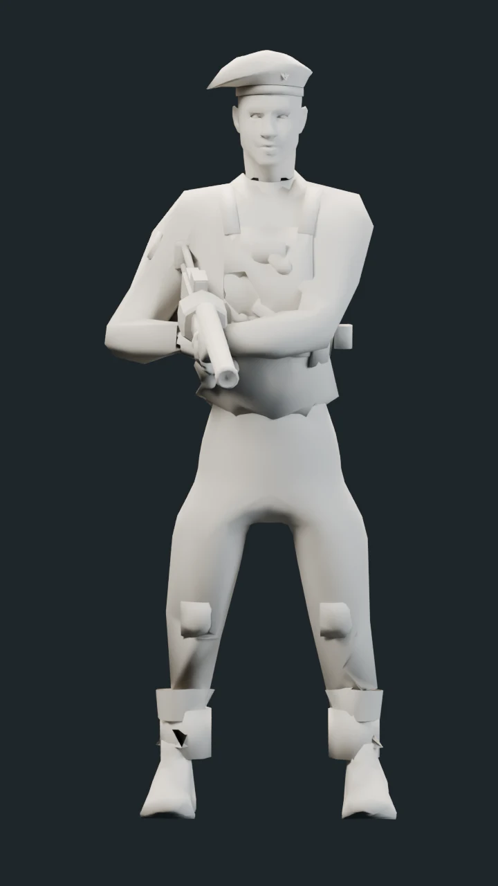 Jackson’s full-body Blender model in clay, with the same framing.