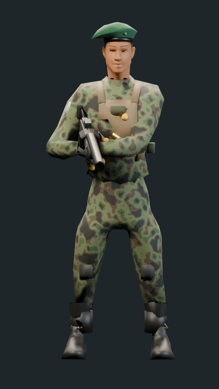 Jackson’s complete final Blender model, facing forward with his grenade launcher.