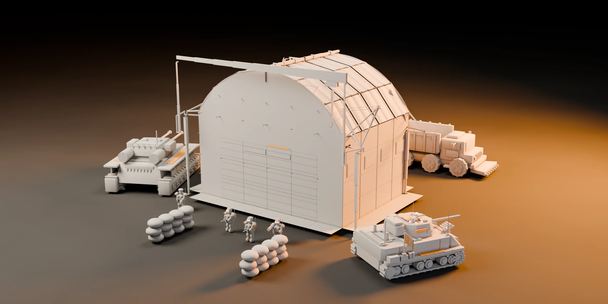 A clay model of the Redline Wars construction yard with tanks, an ore truck, sandbags and infantry around it.