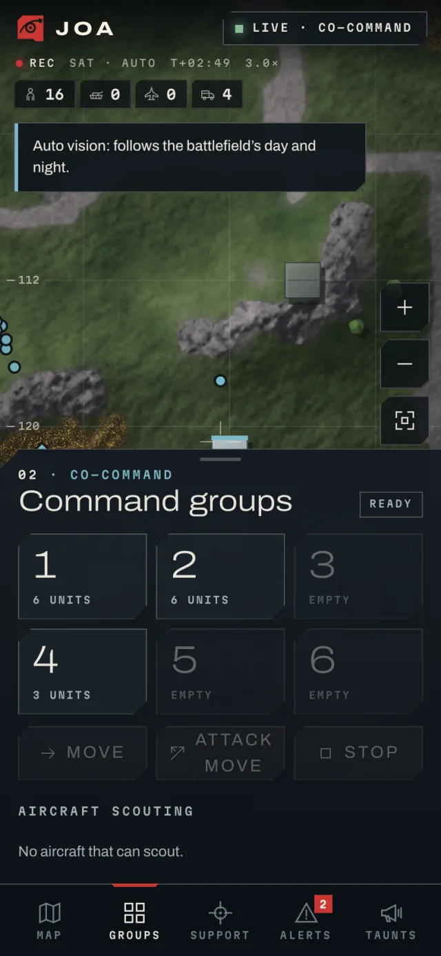 JOA on a phone: the command groups sheet listing six groups with move, attack and stop orders
