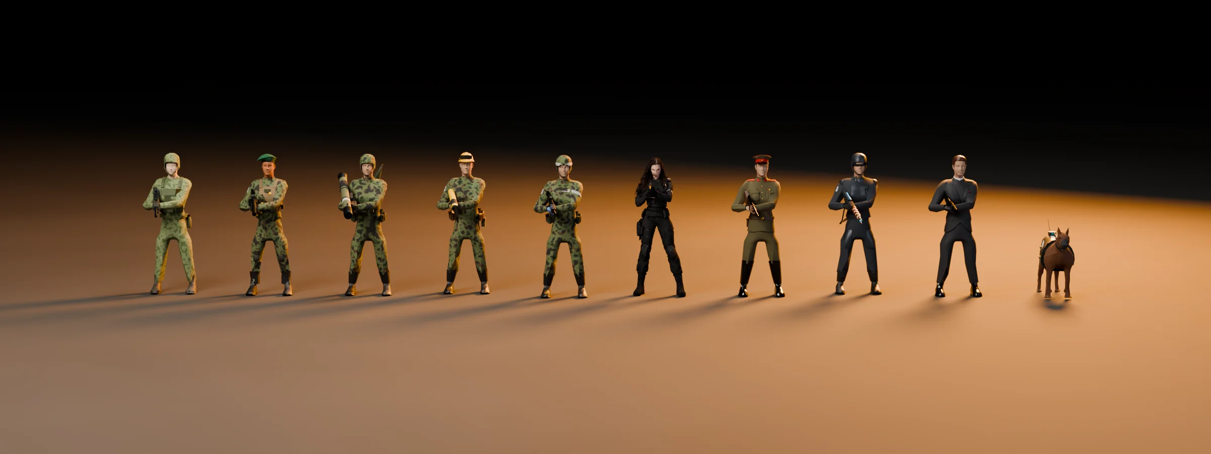 The final ten troops: rifleman, Jackson, rocket soldier, engineer, medic, RIKI, general, shock trooper, spy and attack dog, with the finished faces, uniforms and weapons.