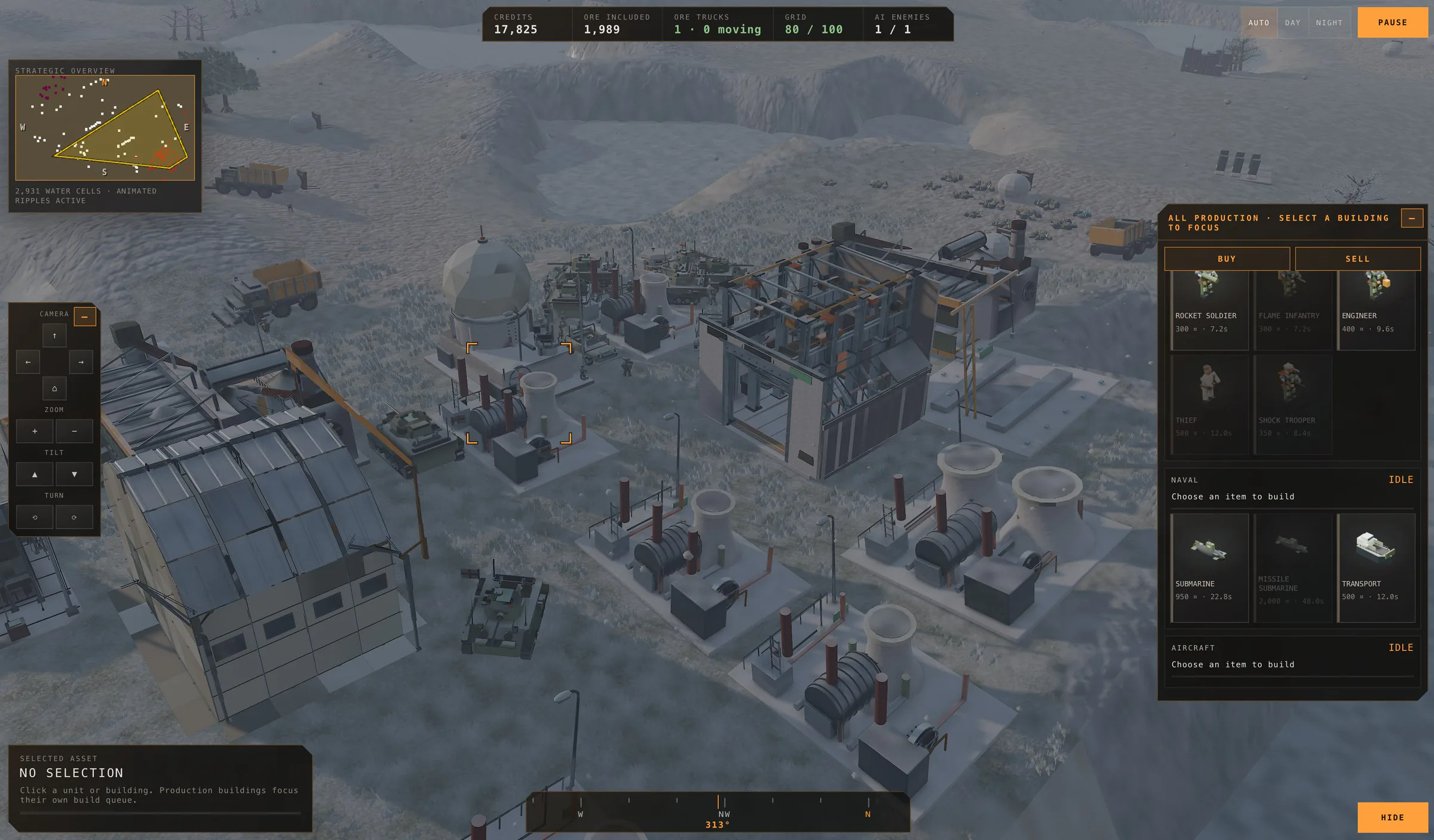 A Redline Wars base in daylight: power plants, a refinery, a radar dome and tanks on snowy ground, with the in-game interface.