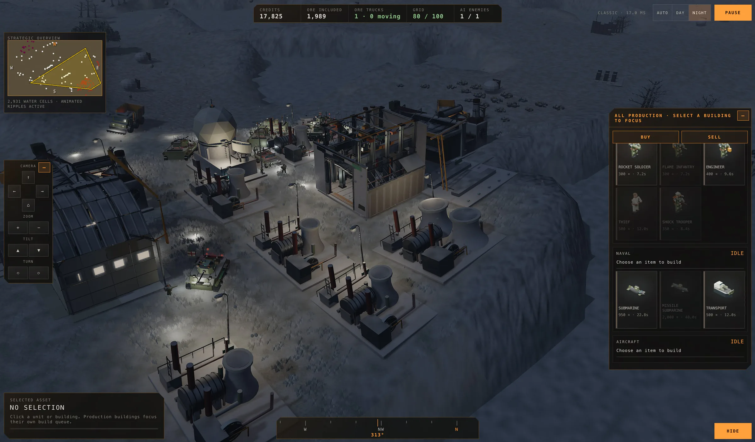 The same base at night, lit by street lamps and building lights.