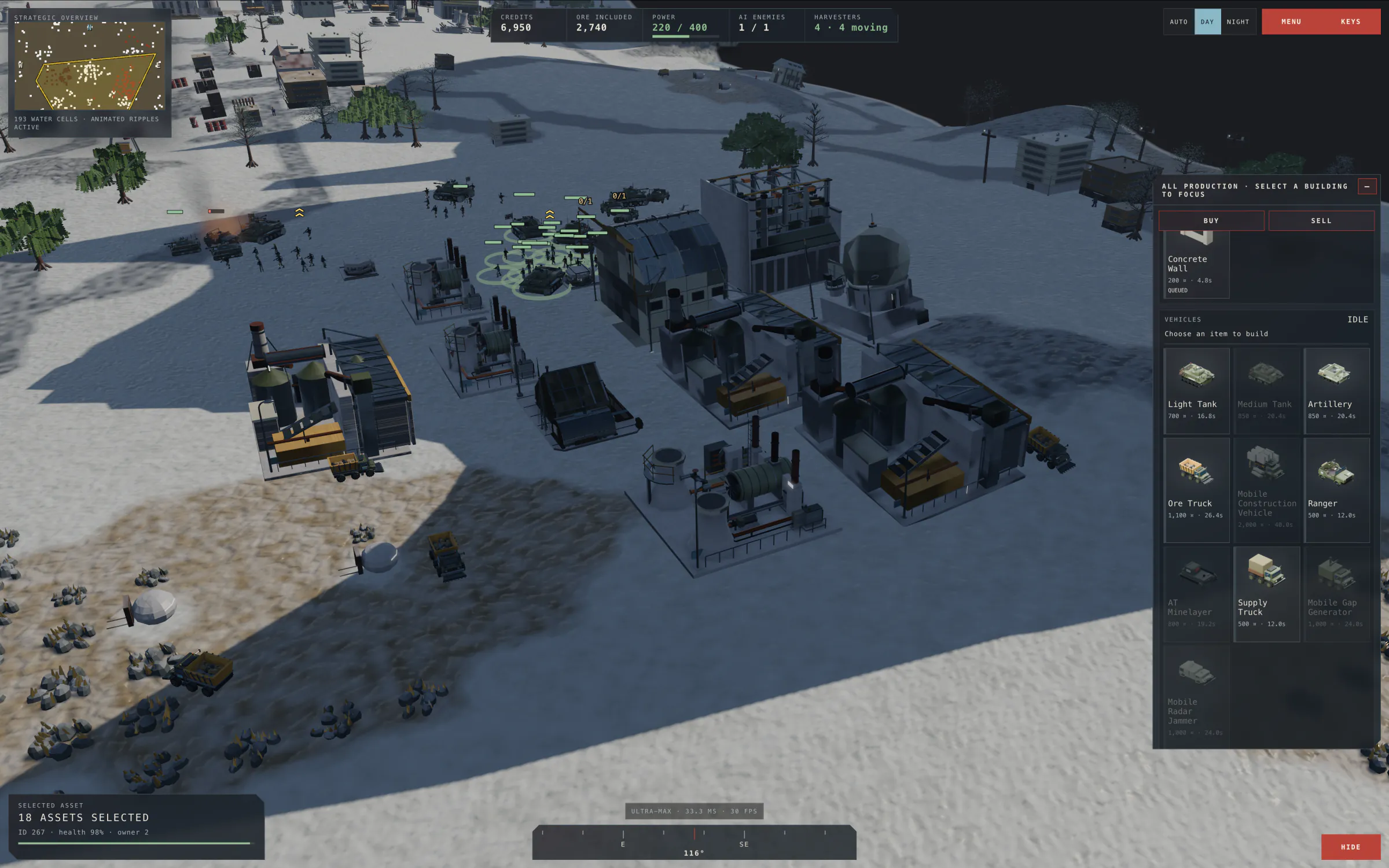A Redline Wars base in daylight on snowy ground: power plants, refineries, a radar dome, a war factory, tanks and infantry, with the in-game interface.