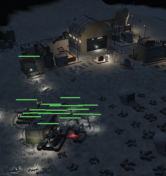 A squad with health bars gathered by a lit war factory at night.